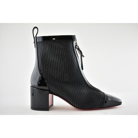 Christian Louboutin Kimi 55 Black Patent Leather Block Heel Zip Ankle Boot 37.5 - Picture 2 of 12
